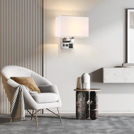 Moon rural Bedside Wall Mount Light with USB, LED Reading Swing Arm Fabric Shade Wall Sconce, Hardwired Wall Lamp for Bedroom, Living Room Hotel (Chrome)