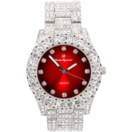 Charles Raymond Bling-ed Out Round Metal Mens Color on Blast Silver Tone Watch with Diamond Time Indicators - Ice on Fire!!! - ST10327DxxS (Silver Blood Red)