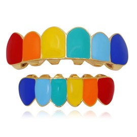 Psivika Multicolor Plated Rainbow Hip Hop Teeth Grillz Caps Iced Out CZ Vampire Fangs Grillz for Men and Women (Gold)