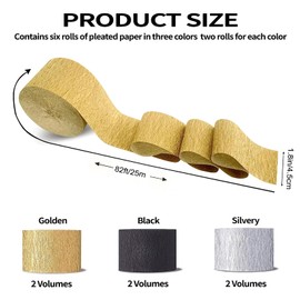 Crepe Paper Streamers 6 Rolls 492ft, Pack of Gold Silver and Black Party Streamers for Party Decorations, Birthday Decorations, Wedding Decorations