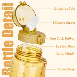 OLDLEY 1L Sports Water Bottle with Straw, Tritan 1 Litre Motivational Drink Bottle, BPA Free Leakproof Transparent Water Bottle with Time Marker for Cycling, School, Gym, Outdoor (Yellow)