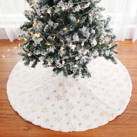 Christmas Tree Skirts White Plush Xmas Tree Skirt Base Floor Mat Cover XMAS Party Decor Golden snow-flakes tree skirt for Red Christmas Decoration New Year Party Holiday Decorations 122cm (48inch)