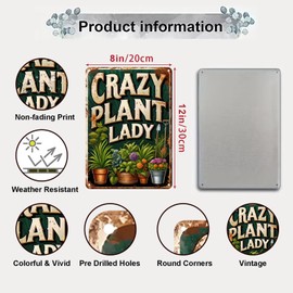 Aroutde Vintage Garden Metal Sign "CRAZY PLANT LADY" Retro Gardening Tin Plate Wall Decor for Home Garden Yard Greenhouse Outdoor Decoration (8x12 Inch)