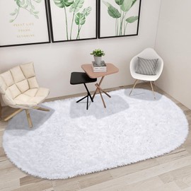 junovo Oval Fluffy Ultra Soft Area Rugs for Bedroom Plush Shaggy Carpet for Kids Room Bedside Nursery Mats, 2.6 x 5.3ft, White