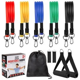 ASAB 5PC Resistance Bands Set Men Women Flexible Durable Natural Latex Exercise Bands with Carabiner Clips 2 Foam Handles 2 Ankle Straps Carry Bag Up to 150LB Exercise Equipment for Home Gym Physio