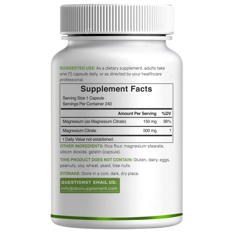 DEAL SUPPLEMENT Magnesium Citrate 500mg, 240 Capsules | Easily Absorbed,