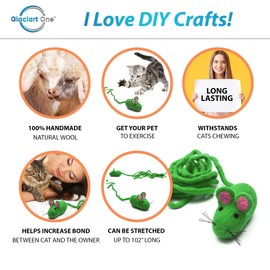 Glaciart One Felt Mouse Cat Toy – Soft Fuzzy Enrichment 100% Natural Wool - Interactive Catnip Play Cat Toy Set - Safe for Pets, Non-AZO Colored Dyes - 100” Long