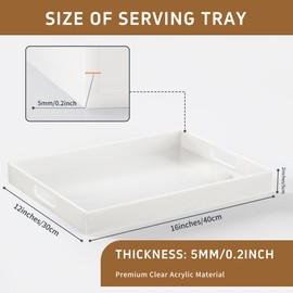 LFTYTUO White Acrylic Serving Tray with Cutout Handles, 5mm Thick Lucite Tray Storage Organizer, Bedroom Kitchen Bathroom Decorative Tray, Large Spill Proof Tray for Food, Coffee, Appetizer, 12" x 16"