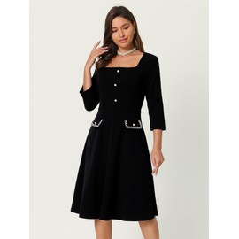 Hobemty Women's 2024 A-Line Dress Work Square Neck Tweed 3/4 Sleeve Dresses X-Large Black