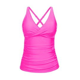 Yonique Tummy Control Tankini Top Only V Neck Swim Top Twist Front Bathing Suit Top No Bottom Hot Pink L