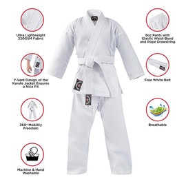Prime Sports Midweight Karate Gi, 8oz Cotton Polyester, White, Martial Arts Uniform, Beginner with White Belt (White, 3 (5'1"to 5'4"))
