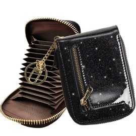 Outrip RFID Small Credit Card Holder Wallets for Women Zipper Coin Purse with Keychain (Glitter Black)