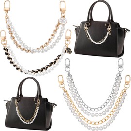 HINZIC 4pcs Pearl Purse Chain Gold/Silver Handbag Straps Metal Shoulder Crossbody Bags Short Handle Replacement Charms Accessories for Women (10 mm Pearl, White/Black Flower)