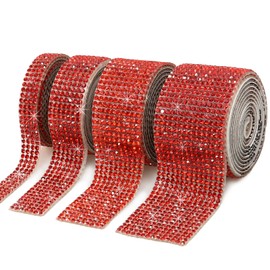 4 Rolls Self-Adhesive Rhinestone Diamond Crystal Ribbon,Bling DIY Decoration Sticker with 2 mm Rhinestones for Wedding,Birthday and Gift Decoration,Phone,Laptop,Car Interior (Red, 4yards)
