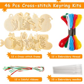 12 Pieces Christmas Wooden Decoration Cross-Stitch Kits Wooden Sewing Cross-Stitch, Include Star Snowflake for Arts Wooden Crafts Christmas Ornament, Assorted Patterns (Lovely Style)