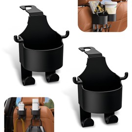 Seat Headrest 3-in-1 Bracket with 3.58 "/2.4" Hook, Multi-Function One-Handed Handling Portable Hanging Cup Holder Phone Holder Storage Holder, Suitable for Most Cars (Black)