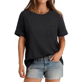 XIEERDUO Summer Tops for Women Short Sleeve Shirts Loose Fit Basic Tees Black Tops M