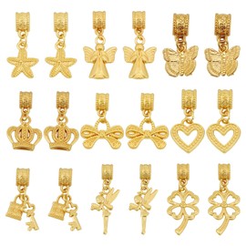 Craftdady 18 pcs Gold Dangle Charm with Bail Beads Tibetan Style European Dangle Pendants Angel Bowknot Butterfly Heart Large Hole Pendants for Necklace Bracelet Jewelry Making Crafting