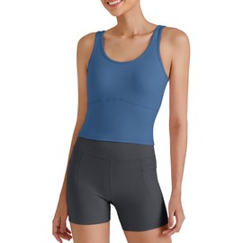 G4Free Padded Tank Tops for Women Workout Long Line Sports Bra Stretchy Trendy Yoga Camisole Tops for Active Running Gym (Blue Gray,L)