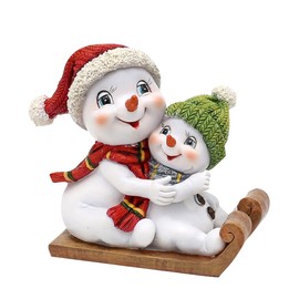 Dekohelden24 Pair of Snow Children Snowmen with Hat and Scarf in Red/Green on Sledge, L/W/H 14 x 7 x 12 cm