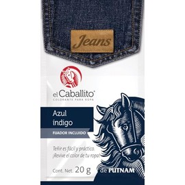 el Caballito Jeans, el único Colorante en Polvo para ropa color Azul índigo ¡Revive y cambia el color de tu prenda favorita! Sobre con 20g