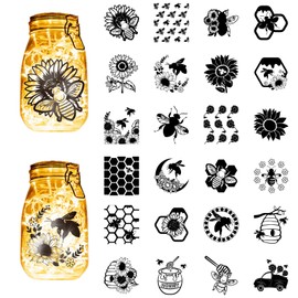 CREATCABIN 24Pcs Bee Silhouettes Mason Jar Decor Flower Laser Cut Cardboard Sunflower Honeycomb Decorations Scrapbook Cutouts Die Cuts for Lantern Jars Wall Painting Window Glass Phone Black 3.9x3.5in