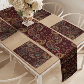 ABAKUHAUS Paisley Table Runner & 4 Pieces Placemats, Medium Pattern Printed Image with Tribal Art and Bohemian Motif, Set for Table Decoration, 180 cm x 40 cm, Burgundy and Dark Mustard