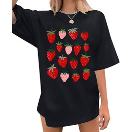 AMWIPE Strawberry Tshirt for Women Oversized Strawberries Graphic Shirt Cute Fruit Graphic Tee Fruit Lovers Tops