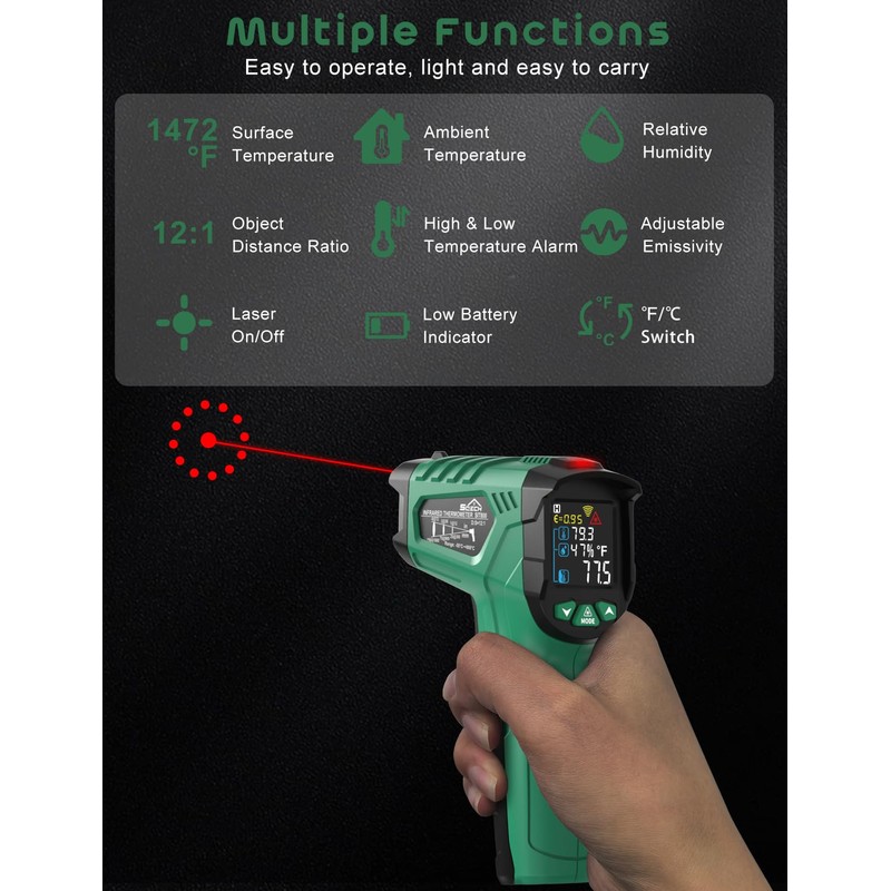 Infrared Thermometer, SQECH Laser Thermometer -50℃~800℃(-58℉~1472℉), with Ambient Temperature/Humidity/Adjustable Emission/Coloured