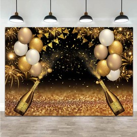 Qian Black Golden Balloons Photography Background Gold Champagne Bokeh Photo Backdrops for Graduation Prom Holiday Party Supplies Father's Day Birthday Decoration Studio Props Banner 8x6ft