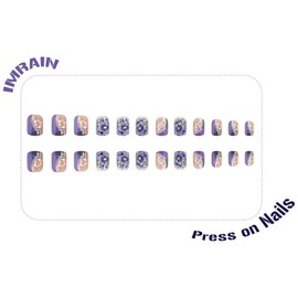 IMRAIN Press on Nails Short Square Fake Nails Matte Purple Flower Glue on Nails Spring Floral Squoval False Nails Artificial Acrylic Nail Supplies for Women Girls DIY Manicure Decorations