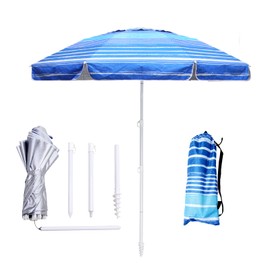 LOTTAFUN 6.5ft Beach Umbrella - Heavy Duty Wind Resistant UV 50+ Portable Sun Shade with Sand Anchor & Carry Bag, Outdoor Folding Umbrella for Beach, Pool, Patio, Garden (Blue Stripe)
