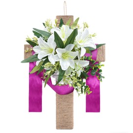 Easter Cross Wreaths for Front Door, 16" Religious Spring Wreath with Lily and Purple Ribbon, Christian He is Risen Easter Decor, Rustic Twine Wrapped Hanging Ornament Wall Porch Farmhouse Home Decor