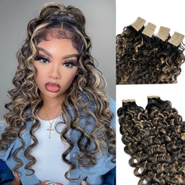 Tape in Hair Extensions Human Hair, Ombre Water Wave Black Fading to Strawberry Blonde Highlighted Invisible Glue in Hair Extensions Human Hair Blonde Tape ins Extensions for Black Women