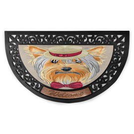 Ambesonne Yorkie Doormat, Hipster Yorkie with Straw Boater and Bow Tie Hand Drawn Gentleman Dog, Semi Circle Entryway Welcome Mat for Front & Backard 2 Pieces, 19.6" x 31.4", Apricot Multicolor