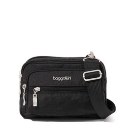 Baggallini Triple Zip Small Crossbody Bag with Wide Strap - 8x6 inch Convertible Fanny Pack Belt Bag