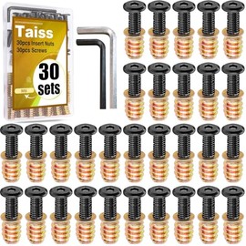 Taiss Pack of 30 M6 Screw Nuts, Flat Head Screws and Screw Nut Kit, Threaded Insert Wood M6 x 25, Screw for Wooden Furniture