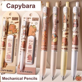 MOZXIRZ 4 Pcs Mechanical Pencils with Refills 0.5mm Cute Capybara Mechanical Pencil Kawaii Cartoon Mechanical Pencils Office School Pencil for Kids Students Women Girls Boys Pencils (4 Set-Capybara1)