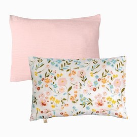 100% Cotton Toddler Pillowcases, 2 Pack Muslin Baby Pillow Cases, 13x18 Toddler Pillowcase, Compatible with Baby Pillows for Sleeping for Newborn, Oeko TEX Standard 100 (Floral + Pink Pillow Cases)