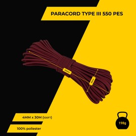 EdcX 4 mm Polyester Paracord 550 (15, 30 and 50 m) – 4 mm Type III, Tear-Resistant Parachute Cord for Survival Made of 100% Polyester with 7 Wires | Solid Colours (Wine, 15 m)