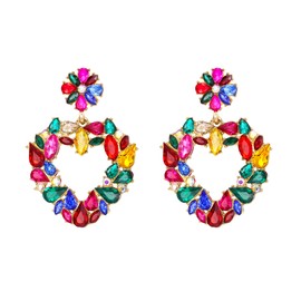 Flyonce Crystal Heart Dangle Earrings for Women Trendy Statement Dangling, Marquise Teardrop Rhinestone Gala Fashion Love Drop Earring for Brides Bridal Multicolor Gold-Tone