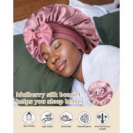 AWAYTR 100% Mulberry Silk Hair Bonnet for Women Sleeping with Tie Band 19 Momme Silk Sleep Cap Night (US, Alpha, One Size, Pale mauve)