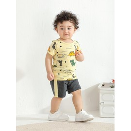Derouetkia Baby Boy Clothes Short Sleeve Dinosaur Animal Print Tops + Shorts Toddler Outfit Sets, beige