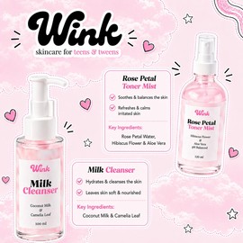 Wink Skin Care Kit for Teens |Botanical Facial Milk Cleanser for Women & Twins 4-Piece Set with Rose Petal Toner Face Fruit Serum & SPF Moisturizer Mom-Approved / 청소년용 윙크 스킨 케어 키트 | 여자 및 쌍둥이용 식물성 페이셜 밀크 클렌저 로즈 꽃잎 토너 페이스 프루트 세럼 & SPF 모이스처라이저가 포함된 4피스 세트 엄마가 승인한
