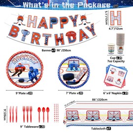 Hockey Party Supplies - Ice Hockey Birthday Party Set Including Plates, Cups, Napkins, Tableware, Tablecloth, Banner for Kid's Hockey Fans Birthday Gameday - Serves 20