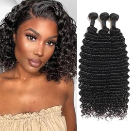 Human Hair Bundles (12 14 16 Inches) Deep Wave 3 Bundles Human Hair Brazilian Hair Bundles Human Hair Weft Human Hair Extension Natural Colour 70 g/Bundle (Total 210 g)