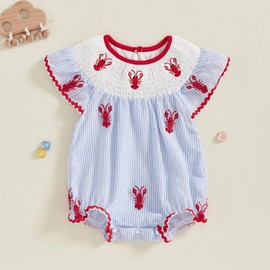 Sasaerucure Newborn Infant Baby Girl Smocked Bubble Summer Sleeveless Onesie Striped Crawfish Embroidered Romper (Blue, 6-9 Months)