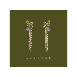 Yallaeen Bell Design Earrings, 925 Silver, Needles, Ribbon Design, Long Design, Pearl Fringe Design, Women's Earrings