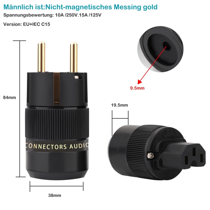 1 Pair HiFi Schuko Plug AC 16A 250V Power Cable