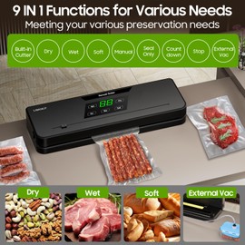Vacuum Sealer, Food Saver Vacuum Sealer Machine, Easy Presets Automatic Vacuum Sealer for food, LED Digital Display, Air Sealing System Dry, Moist Food Vac Modes & Independent Sealing Function, Black